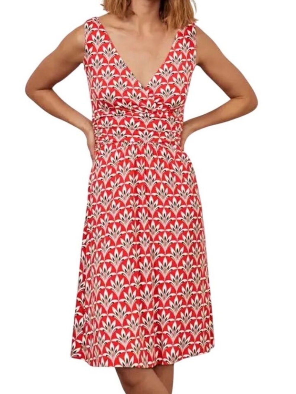 Boden Effie V Neck Jersey Dress Womens 14 Long Cherry Red Palm Petal Summer Midi